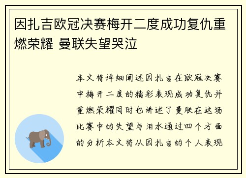 因扎吉欧冠决赛梅开二度成功复仇重燃荣耀 曼联失望哭泣